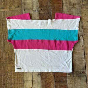 Striped Pink White & Blue Crop Top Medium Stop Watch 65% Polyester 35% Cotton